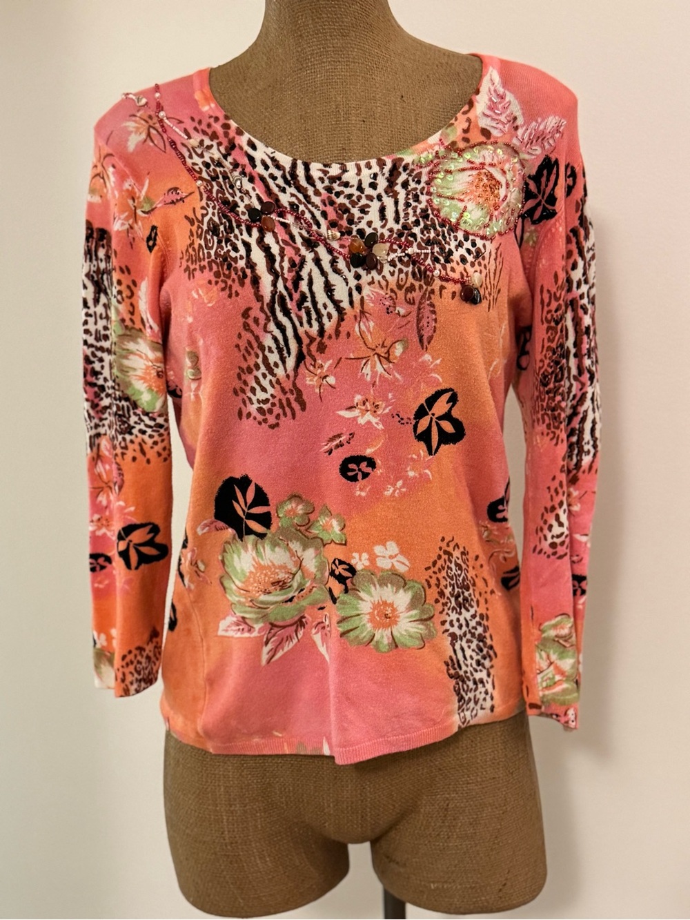 Floral & Animal-Print Long-Sleeve Tee in Pink/Coral
